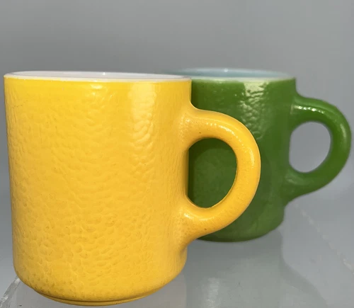 Vintage Hazel Atlas Milk Glass Mugs Orange Peel Orange Green Yellow Coffee Tea