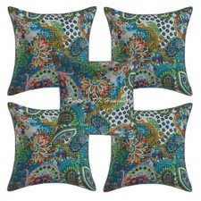 Bohemian Cotton Throw Pillow Covers Kantha 16x16 In Set Of 5 Indian Paisley