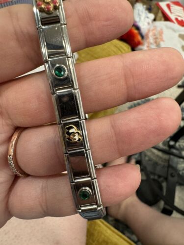 Pulsera Tono Plata Sinfonía 900AR Flor Panda Verde Piedra Elástica #11 - Imagen 2 de 7