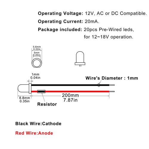 20pcs Pre-wired Resistor 26awg 20cm Wire Warm White 5mm LED Light 12V L125WM - Picture 3 of 6