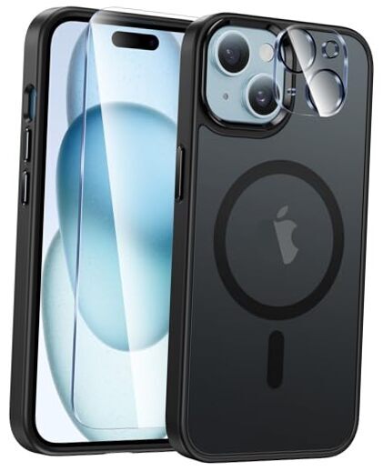 for iPhone 15 Case Matte: Magnetic Frosted Translucent Slim Shockproof A-Black-image