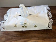Vintage White Cotton Embroidered & Crochet Tissue Box Cover