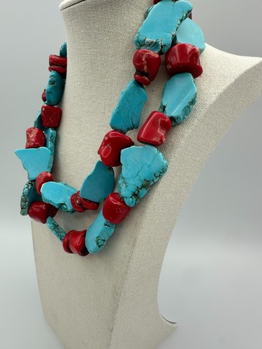 Vintage 40 Large Bead Southwestern Red Natural Coral Turquoise Howlite Necklace