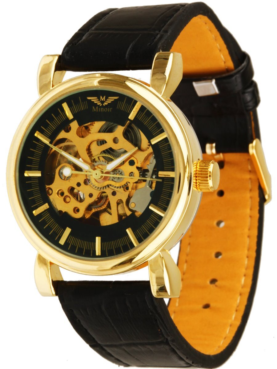 Montre MINOIR Vertus - Automatique Squelette Cadran Vert, Boîtier Noir Acier, Bracelet Cuir Vert