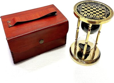 Glänzende Messing Sand Timer Maritim Schach Stil Sand Uhr mit Lederbox