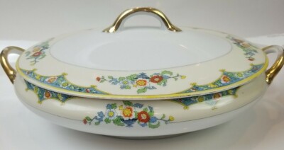1945-1952 NORITAKE #1849 OVAL COVERED VEGETABLE BOWL YELLOW BAND