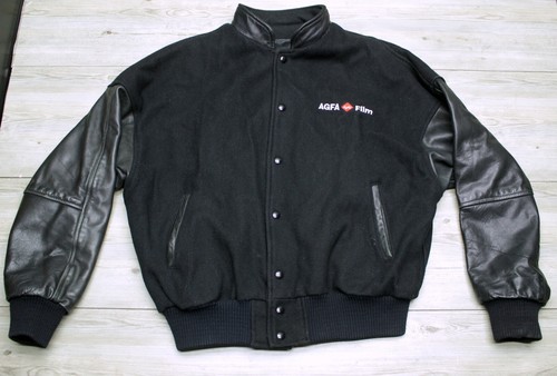AGFA film vintage wool bomber jacket sz L leather sleeves black varsity
