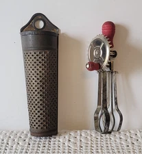 Vintage Mini Hand Egg Beater Mixer And Metal Nutmeg Grater Zester With Lid