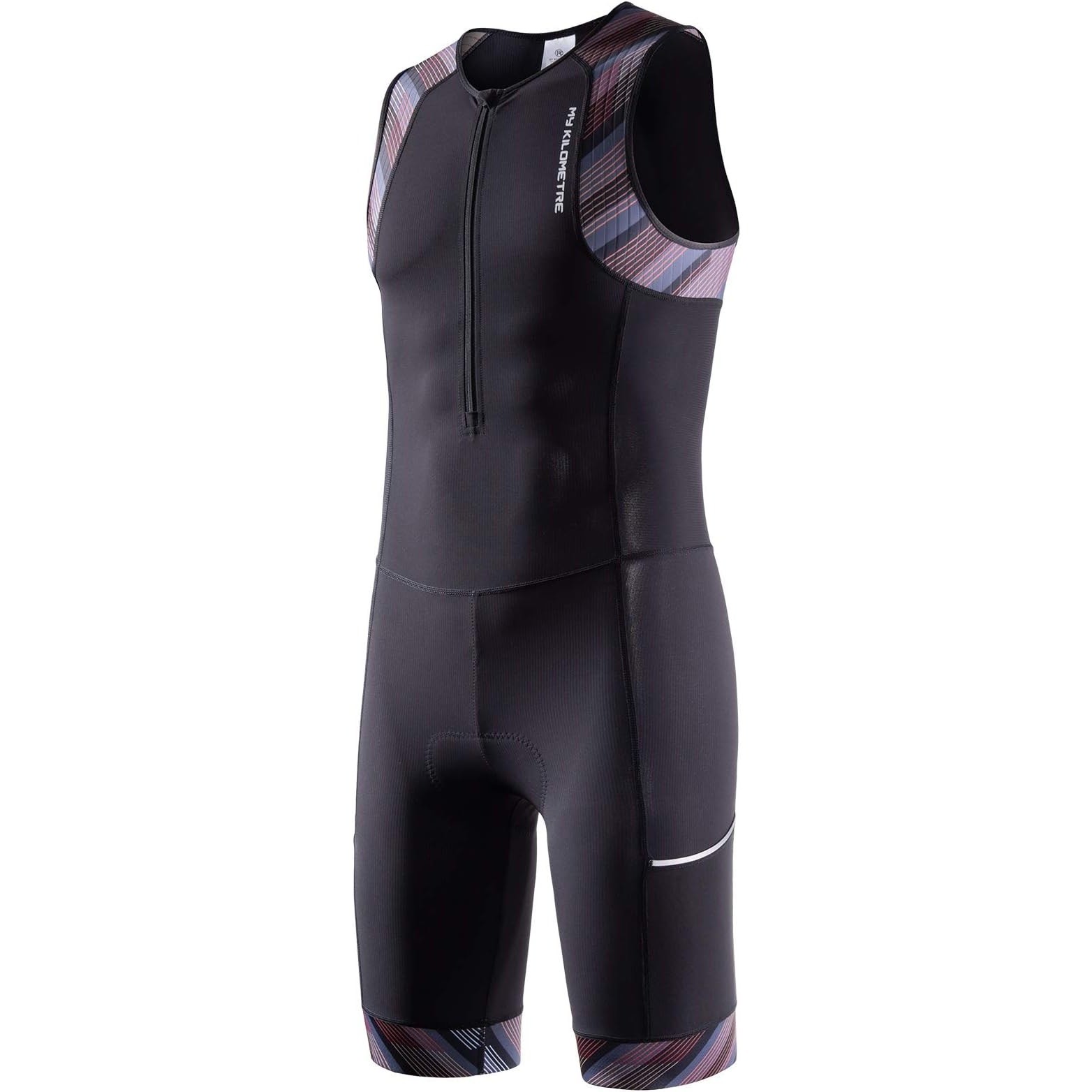 Mens Black Triathlon Tri Suit 2 Big Side Pockets Triathlon Racing Suit Front Zip
