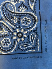Vintage 1960s All Cotton Fast Color Bandana Blue RN 13962 Made in USA