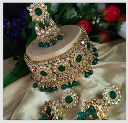 indian Bollywood Gold Plated Kundan Choker Bridal Jhumka Earrings Jewelry Set