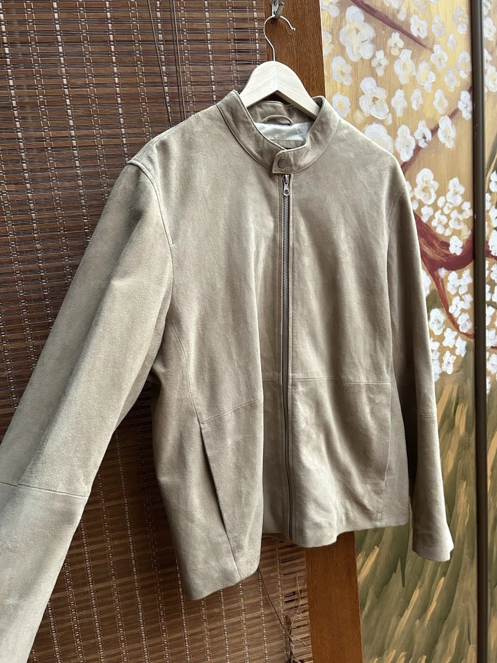 Rag & Bone Taupe Suede Light Beige Archive Cafe Racer Jacket Slim Fit Size XL - Image 3 of 4