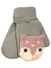 Toddler Girls Gray  Pink Sherpa Lined Teddy Bear Mittens with String Attachment