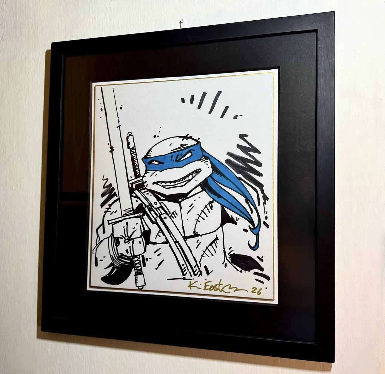Original Shikishi 24x27 Leonardo signed and skecth by Kevin Eastman