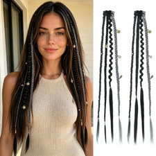 Clip In Braid Hair Extensions Synthetic 16 Inch Black Gray With Beads Charms