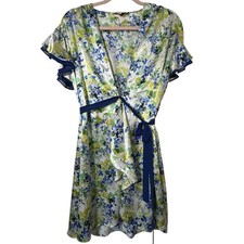 Sm Oscar de la Renta Pink Label Blue Floral Satin Robe Floral Ruffles Romantic