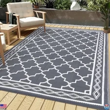 Garvee 8x10 Waterproof Outdoor Rug - Grey/White Reversible Mat for Patio & Beach