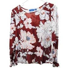 APT.9 BOLD FLORAL RUST ORANGE WHITE LONG SLEEVE SMOCKED SHOULDERS TOP MEDIUM