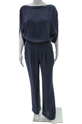 Diane Von Furstenberg Women Blue Boat Neck Jumpsuit Polyester Size 2
