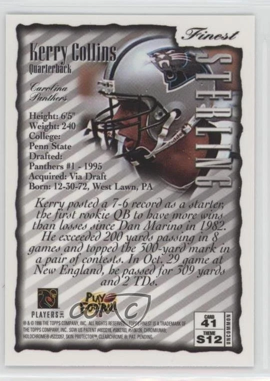 1996 Topps Finest Kerry Collins #41 - Image 2 of 2