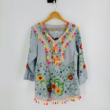 CLEARANCE 100% Cotton Embroidered Tassel Swim Cover Up Blue Stripe Floral M