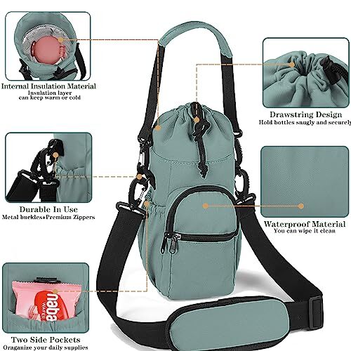 AGX Bravo Water Bottle Sling Bag - Crossbody Pouch For 40oz Bottle With Strap & Pockets, For Hiking, Walking, Travel (Quilted Black)