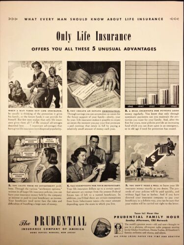Assicurazione Prudenziale 5 Vantaggi Insoliti Ora Famiglia Pubblicità Stampa Vintage 1942