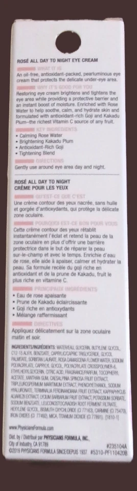 Physicians Formula Rose All Day To Night Eye Cream 0.5 OZ 14.3g NEW IN BOX - Image 2 of 2