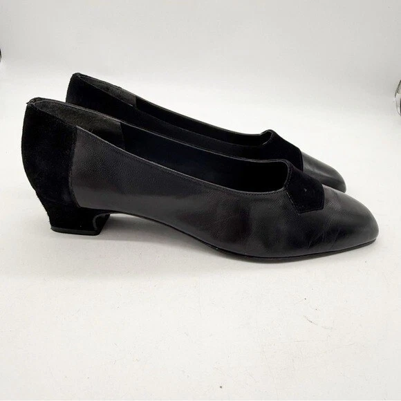 Zapatos de salón California Magdesians de cuero negro punta cuadrada tacón bajo talla 11 ancho Foto 3 de 4