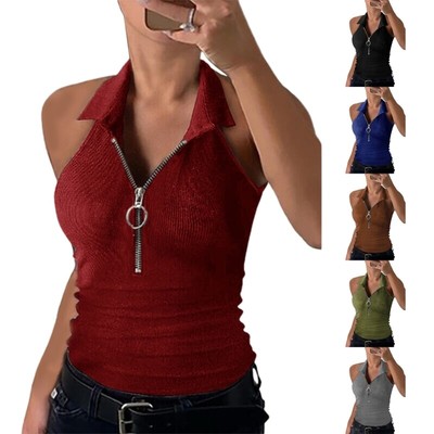 Women Sleeveless Lapel Collar V-Neck Top Half Zipper Up Ribbed Knit T-Shirt