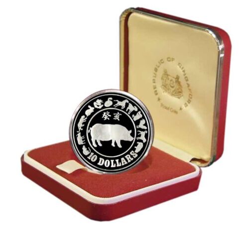 Singapore Year Of The Pig Boar 1983 $10 Zodiac Proof Silver Crown Case & COA - Picture 1 of 3