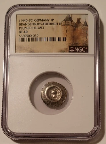 Germany Brandenburg Friedrich II (1440-70) Pfennig Plumed Helmet XF40 NGC