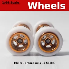 10mm/10mm Bronze rims 5 spoke White rubber tire set. for Hot Wheels
