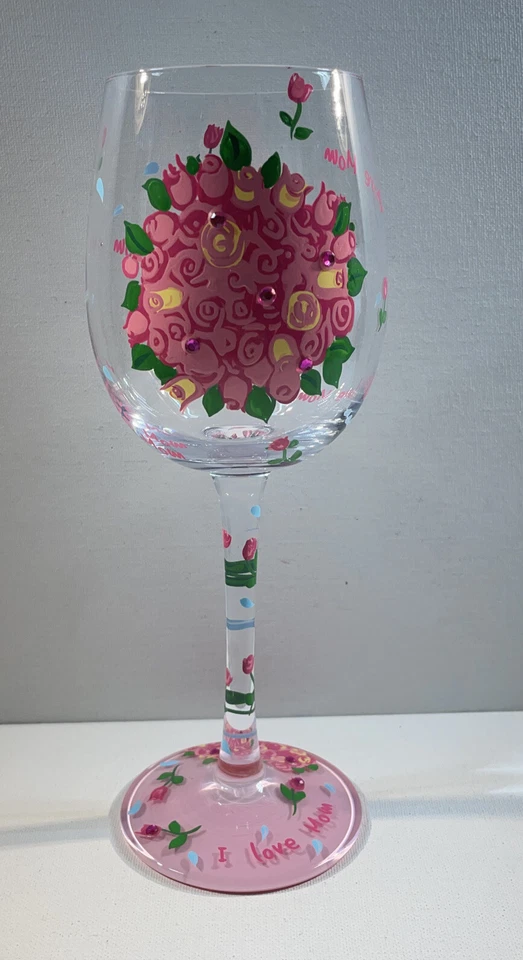Santa Bárbara LOLITA "I Love Mom" VIDRIO DE VINO pintado a mano flores día de la madre Foto 2 de 4