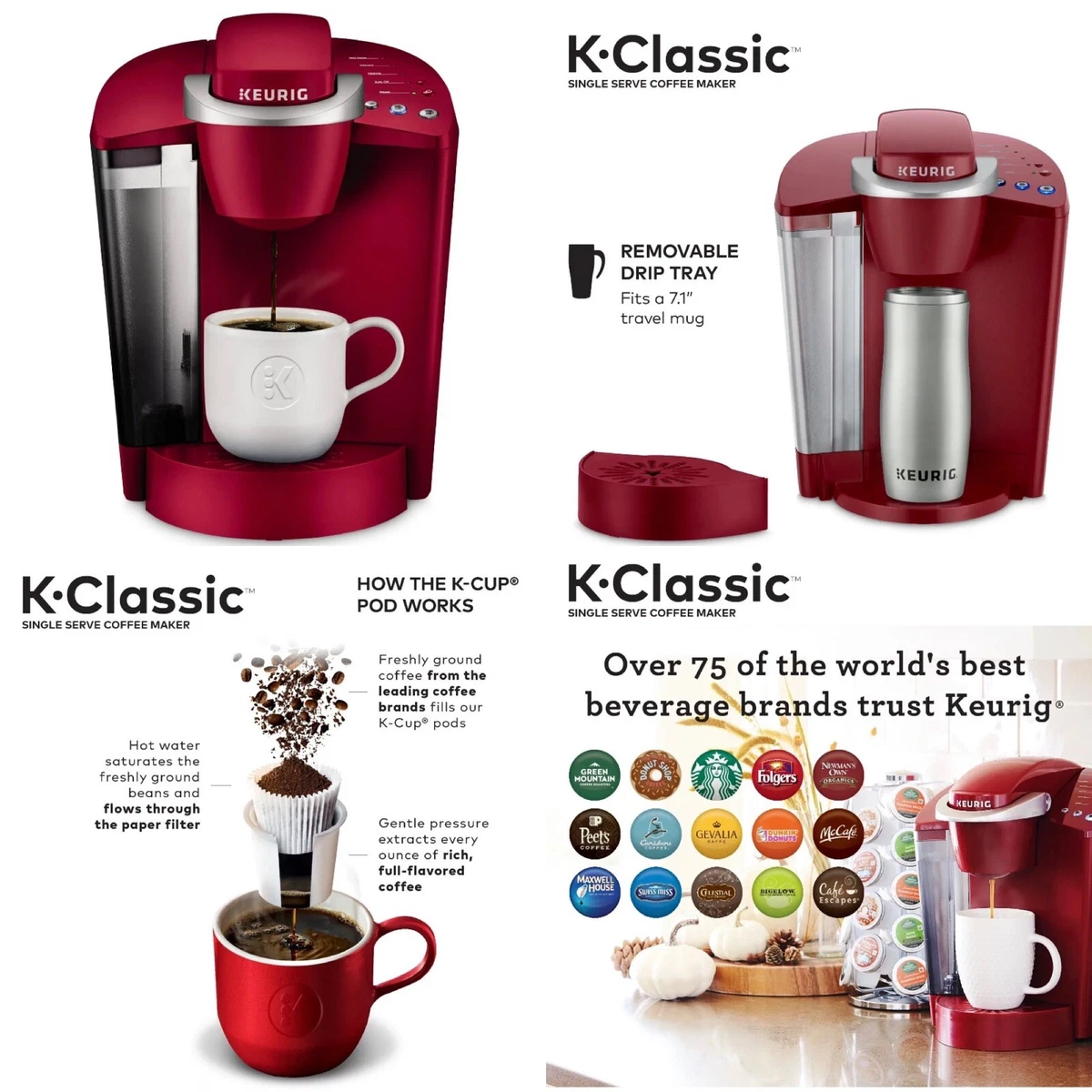 Keurig K-Classic Single Serve K-Cup Pod Coffee Maker, Rhubarb, Red