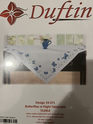 Duftin Cross Stitch Tablecloth Kit 35.5x35.5 Cotton Butterflies White Blue New