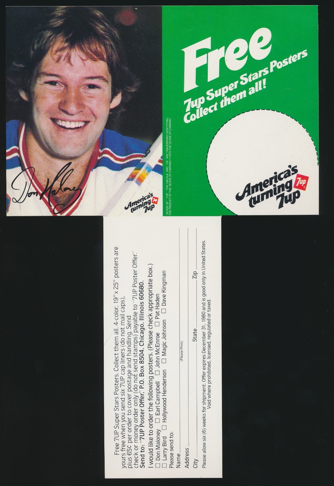 1980 7-Up "America Turning 7-Up" 6-Pack Insert -DON MALONEY (New York Rangers)