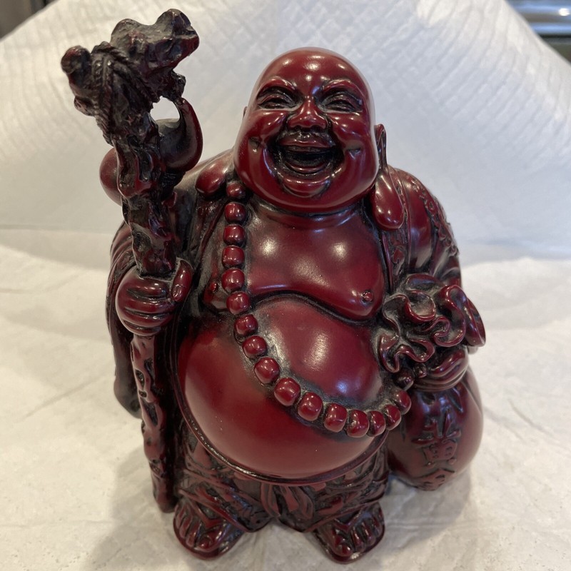 Vintage Chinese Laughing Smiling Buddha With Staff And Bag Unsure Material HEAVY