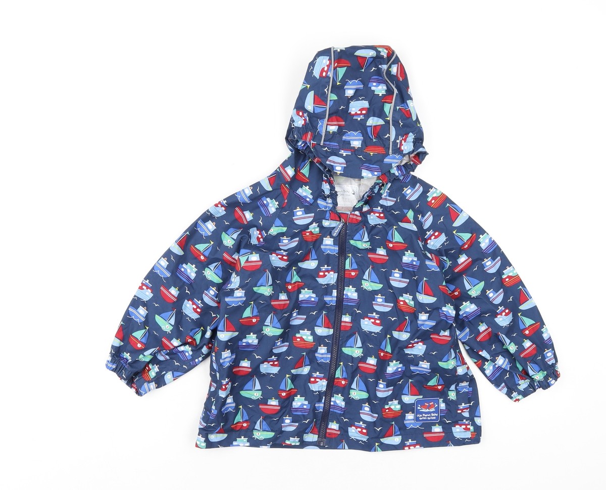 JoJo Maman Bébé Boys Blue Geometric Rain Coat Size 3-4 Years Zip