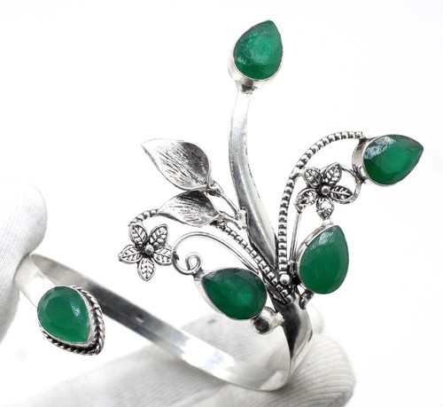 925 Sterling Silver Green Emerald Gemstone Jewelry Cuff Bracelet Size-Adj - Picture 3 of 6