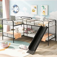 4 Beds in 1 L-Shaped Bunk Bed Frame Twin Size Metal Frame With Slide Guardrails