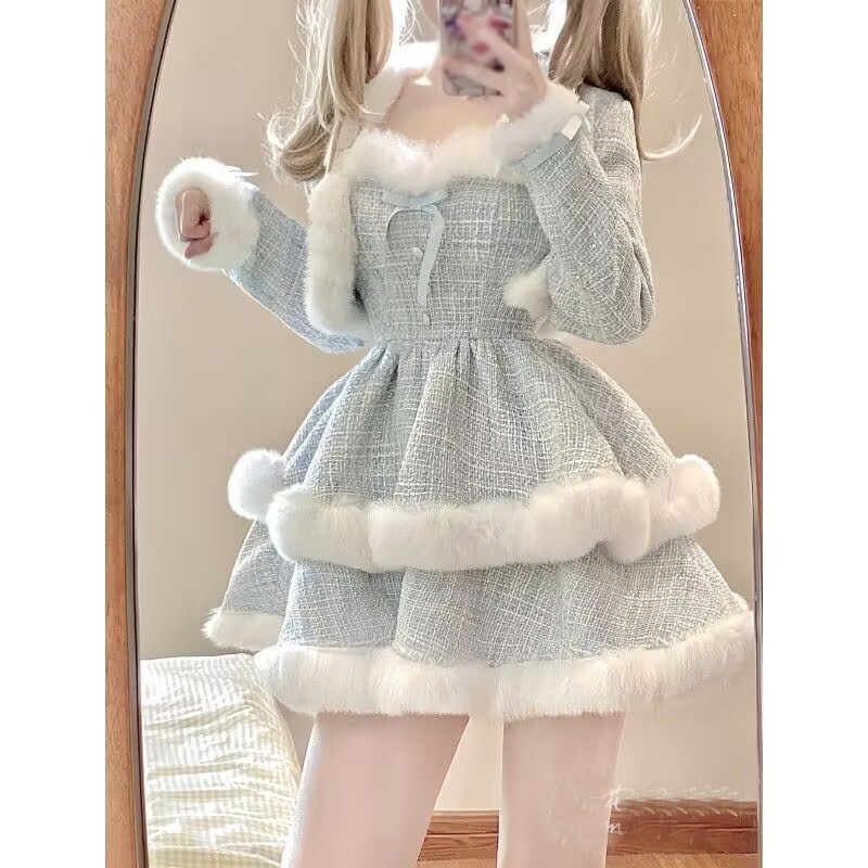Dulce Mujeres Niñas Fiesta Volantes Mini Vestido Conjuntos Abrigo Imitación Piel Invierno Vestido Trajes
