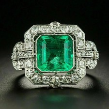 Art Deco Style Lab Created Emerald Diamond Anniversary 14K White Gold FN Ring