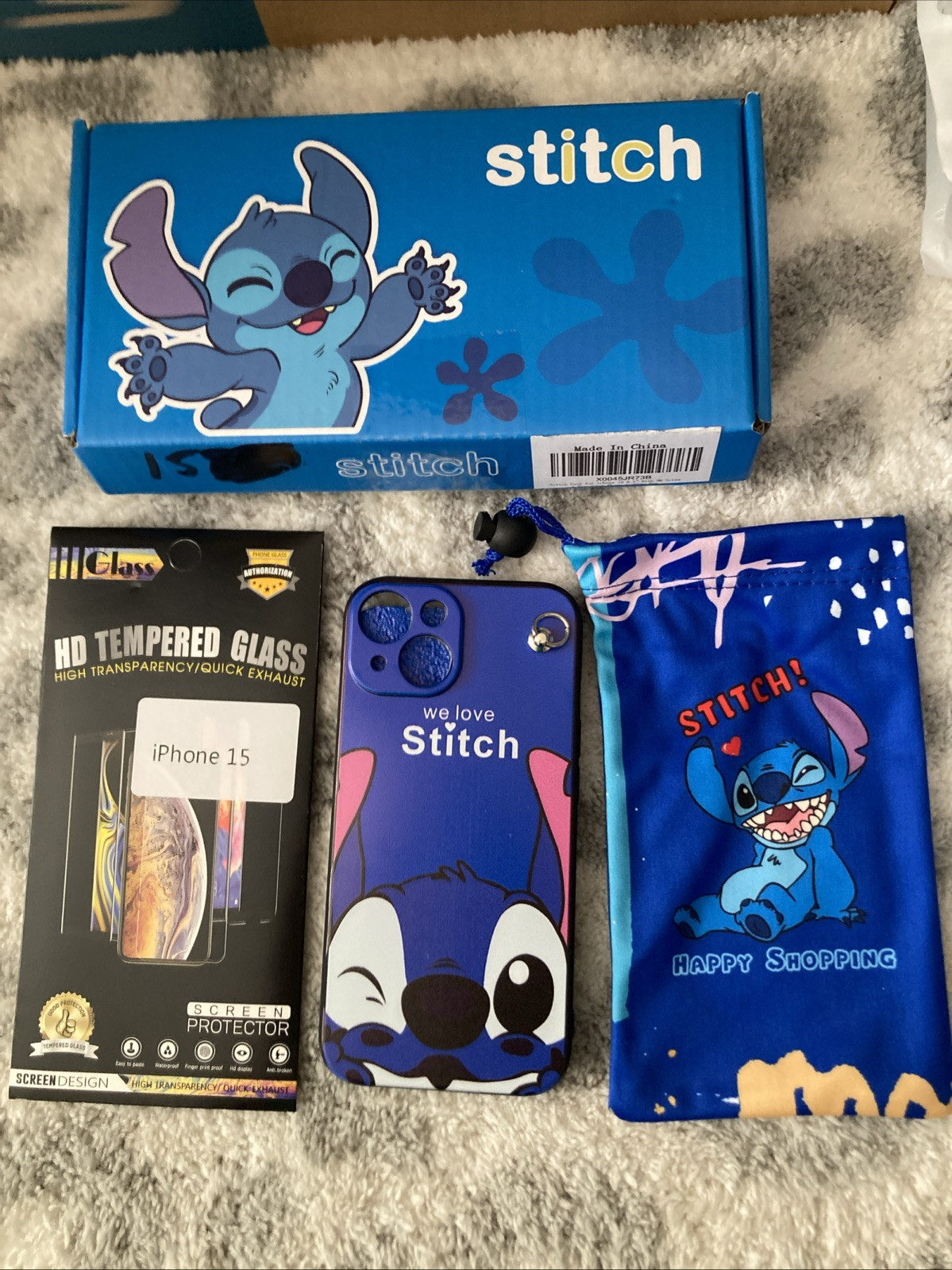 Cute Stitch Soft Silicone iPhone 15 Case With HD Screen Protector Storage Bag