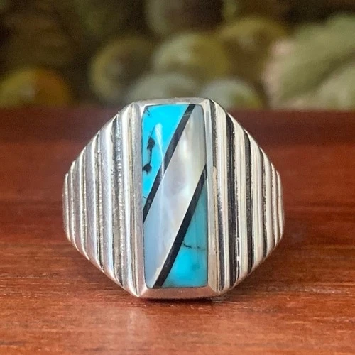 Vintage Sterling Silver Mens Ring Size 10 Native American Turquoise Silver Cloud