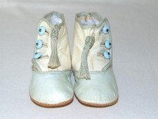 Antique Leather Side Button Scrollwork BABY SHOES wTassles BLUE  WHITE, Size 0