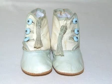 Antique Leather Side Button Scrollwork BABY SHOES wTassles BLUE & WHITE, Size 0