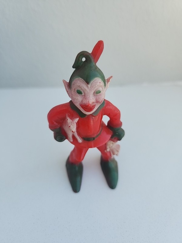 Vintage 1940's Rosbro Plastic Elf Pixie Figurine Ornament with Doll and Pig