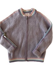 Lulurain Girls Lavender Fuzzy Zip Up Jacket, Pastel Striped Trim, Size 10