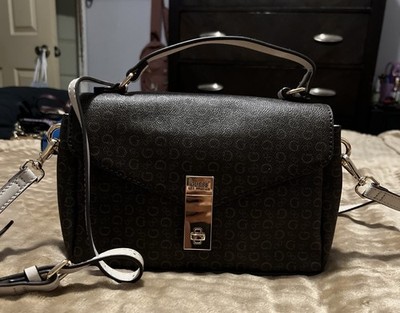 Guess Brown Faux Leather Shoulder Bag Logo Buckle Accent Adjustable Strap R3